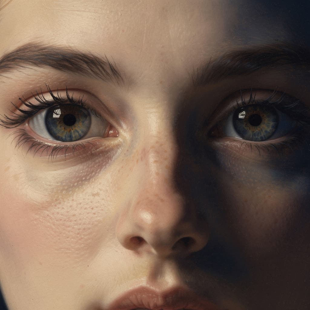 Sample portrait: a painterly close-up of a face, both eyes looking straight into the lens. A generated image, not a real person; replace it with yours.
